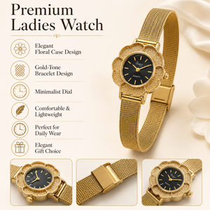 Watches Gold-Tone Flower Dial Black Face Mesh Bracelet Watch for Women