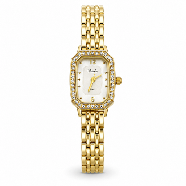 Watches Gold-Tone Rectangular Dial Crystal Studded Chain Bracelet Watch for Women - House of Viya