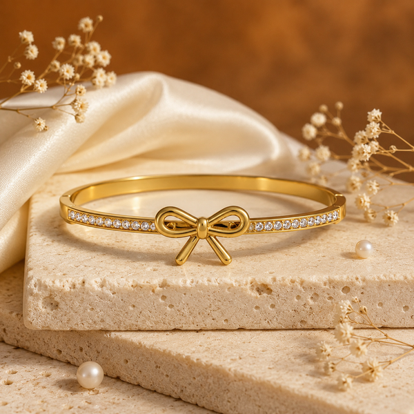 Kadas Gold-Tone Rhinestone-Studded Bow Motif Designer Kada for Women - House of Viya