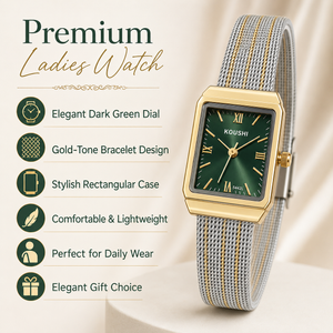 Watches Two-Tone Rectangular Green Dial Roman Numeral Mesh Bracelet Watch for Women