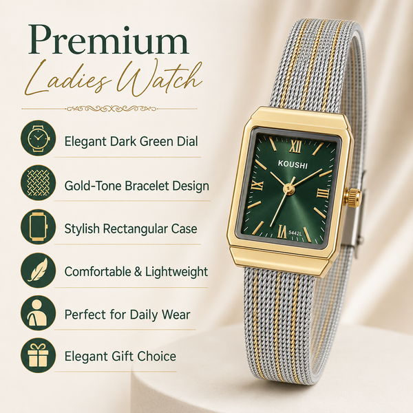 Watches Two-Tone Rectangular Green Dial Roman Numeral Mesh Bracelet Watch for Women