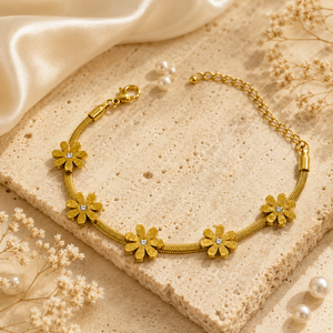 Gold Plated Snake Chain Bracelet with Multiple Daisy Flower Charm Stations and Lobster Clasp