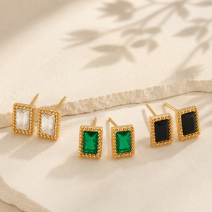 Earrings Crystal, Emerald & Black Onyx Rectangle Halo Drop Stud Earrings Set of 3 Pairs