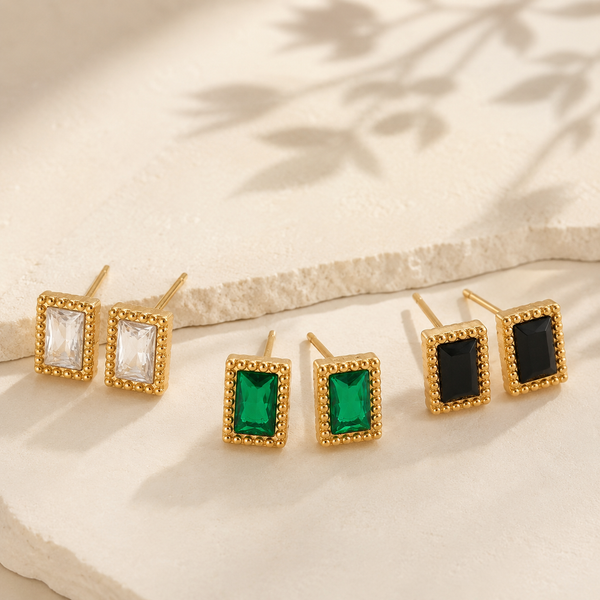 Earrings Crystal, Emerald & Black Onyx Rectangle Halo Drop Stud Earrings Set of 3 Pairs