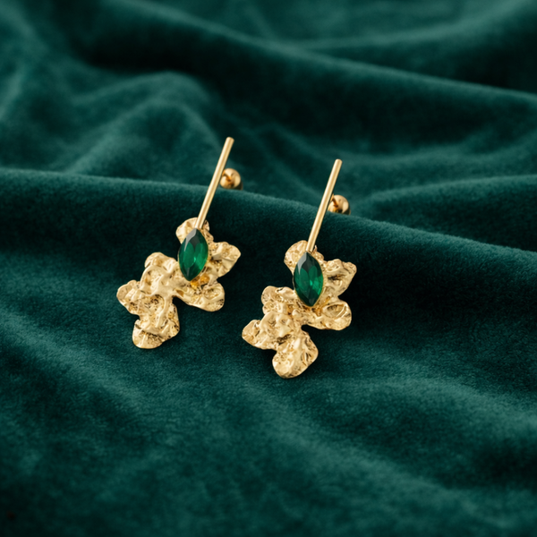 Anti-Tarnish Gold Plated Floral Green Crystal Drop Earrings on dark green velvet background - House of Viya