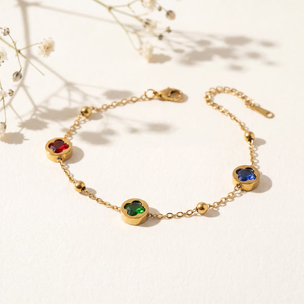 Gold Plated Delicate Chain Bracelet with Round Bezel Set Multicolour Stone and Gold Bead Stations