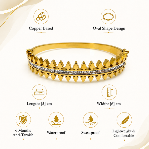 Gold Oval Bezel Diamond Station Oval Kada for Women | Ellipse Stone Stainless Steel Ladies Bangle | Sleek Festive Jewellery - House of Viya