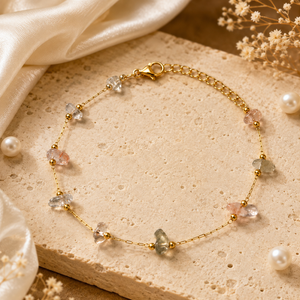 Gold Plated Natural Stone Chip Nugget Dual Strand Delicate Chain Bracelet with Lobster Clasp