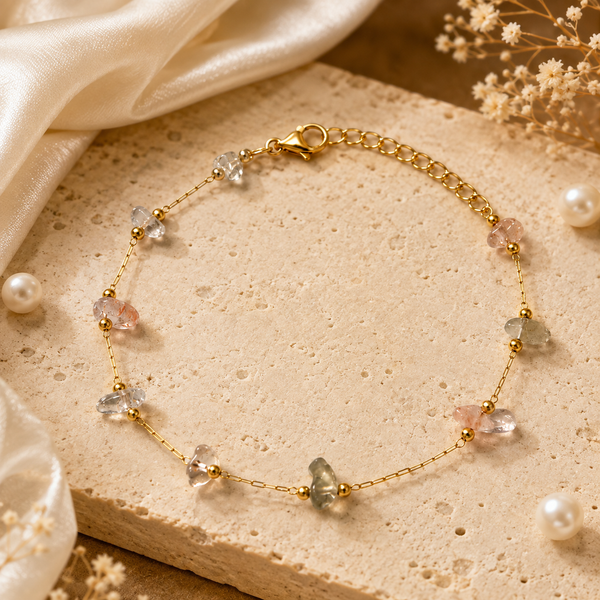 Gold Plated Natural Stone Chip Nugget Dual Strand Delicate Chain Bracelet with Lobster Clasp