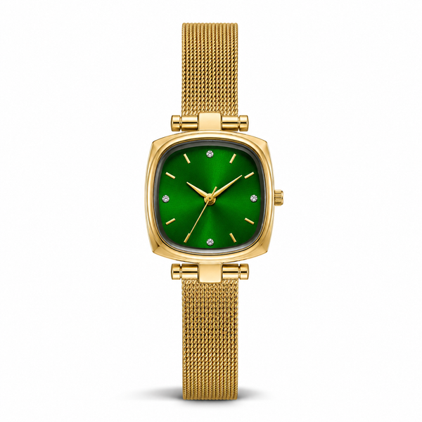 Watches Gold-Tone Square Green Dial Mesh Bracelet Watch for Women