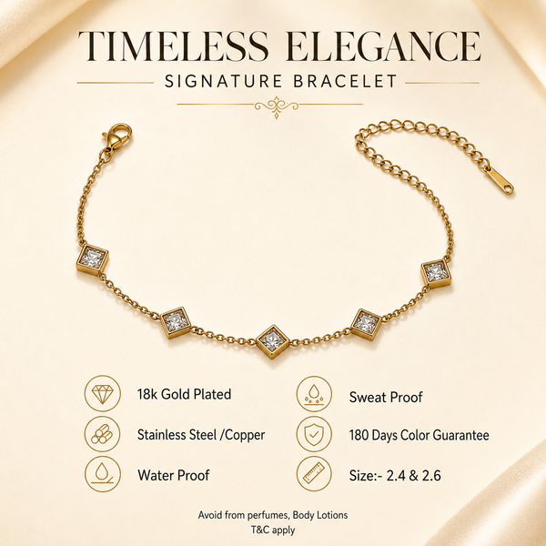 Gold Plated White Diamond Shaped Rhombus Stone Station Chain Bracelet with Lobster Clasp - House of Viya