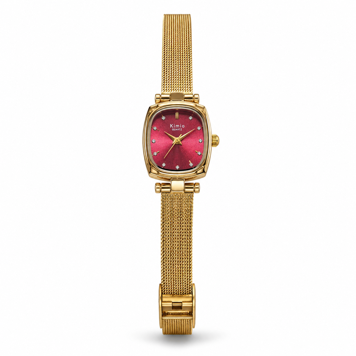 Watches Gold-Tone Square Maroon Dial Mesh Bracelet Watch for Women