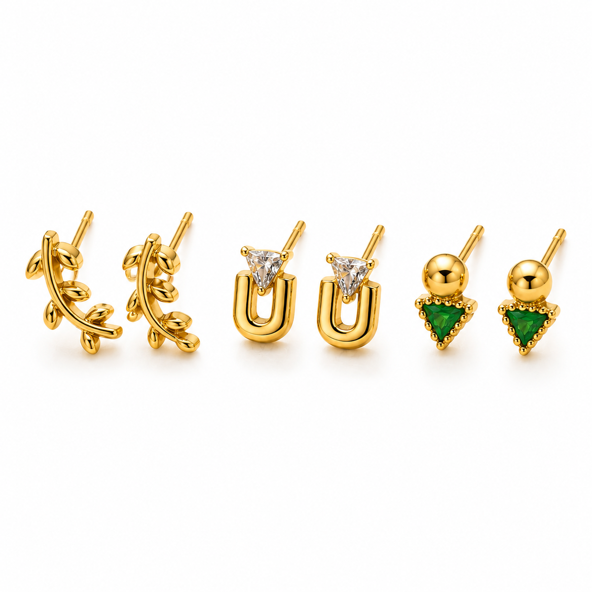 Earrings Knot, Horseshoe Hoop & Emerald Triangle Drop Stud Earrings Set of 3 Pairs