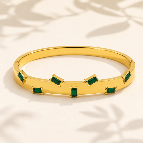 Real Emerald Green Stone Gold Oval Kada for Women | Natural Gemstone Stainless Steel Ladies Bangle | Genuine Stone Festive Jewellery - House of Viya
