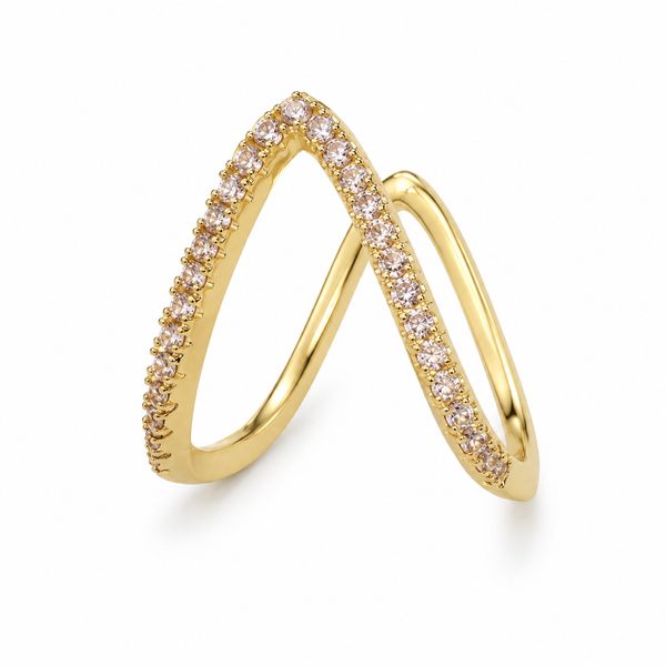 Rings Gold-Tone Crystal-Studded V-Shaped Double-Band Open Design Ring for Women