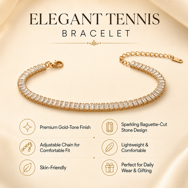 Gold Plated Rectangular Baguette White Stone Continuous Tennis Bracelet with Lobster Clasp - House of Viya