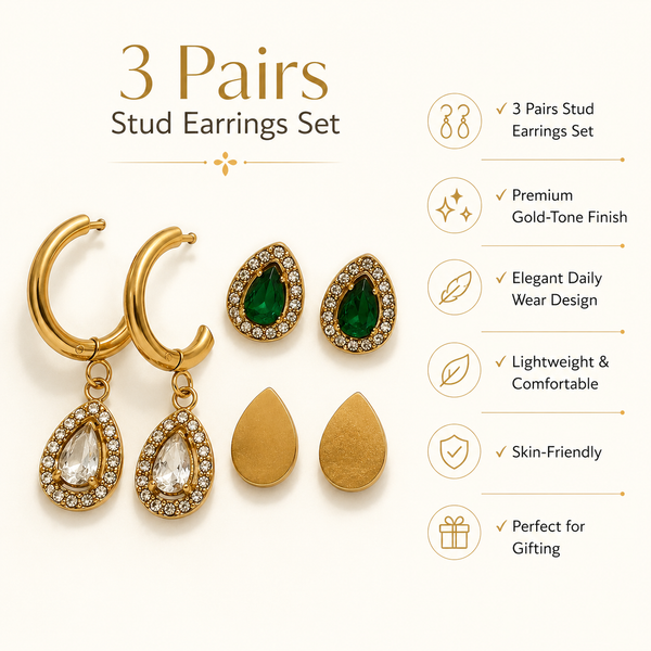 Earrings Teardrop Halo Drop Hoop, Emerald Pear Halo & Gold Teardrop Stud Earrings Set of 3 Pairs