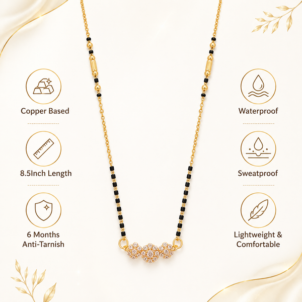 KZ Gold Plated Triple Ball CZ Mangalsutra for Women Black Bead Chain Round Ball Pendant FS - House of Viya