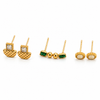 Earrings Antique Fan, Tri-Stone Bar & Kundan Oval Stud Earrings Set of 3 Pairs