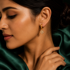 Earrings Pave Drop Hoop, Emerald Cluster Square & Gold Clover Charm Stud Earrings Set of 3 Pairs