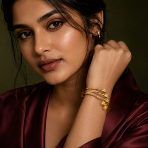 Kadas Gold-Tone Openable Triple-Line Kada with Geometric Square Motif Accents - Polished Finish Modern Cuff Bracelet