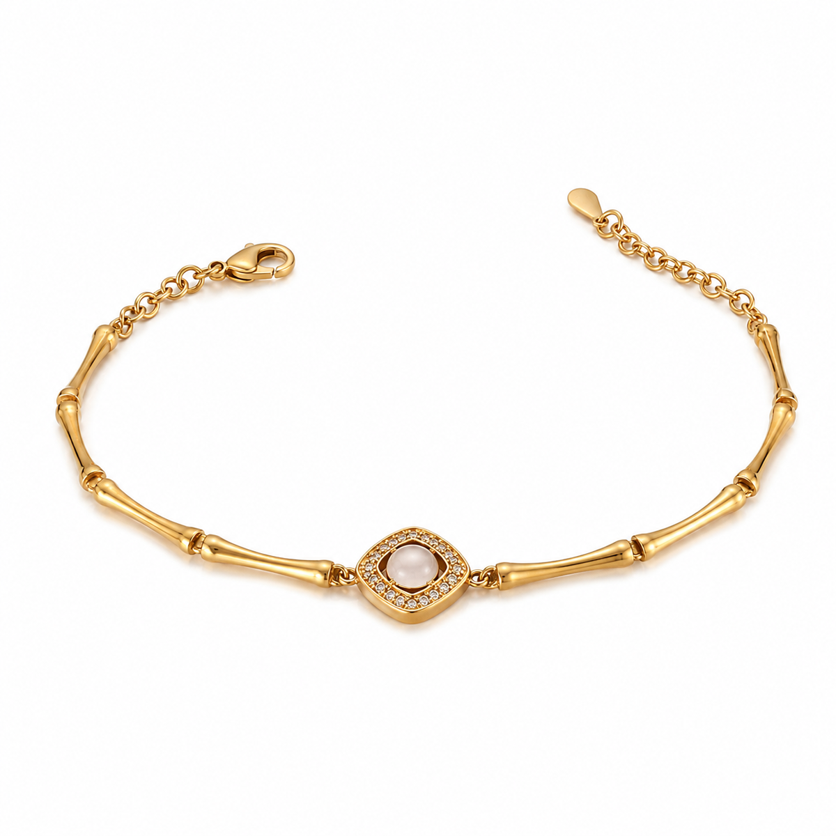 Gold Plated Bamboo Bar Link Bracelet with Rhombus White Stone Halo Centrepiece and Lobster Clasp