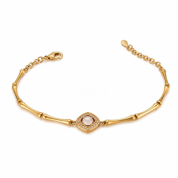 Gold Plated Bamboo Bar Link Bracelet with Rhombus White Stone Halo Centrepiece and Lobster Clasp - House of Viya