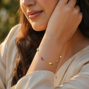 Gold Plated Multi-Colour Oval Stone Bead Station Delicate Chain Bracelet with Lobster Clasp