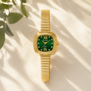 Watches Gold-Tone Cushion Shape Green Dial Crystal Hour Markers Bracelet Watch for Women