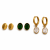 Earrings Emerald Oval Bezel, Halo Drop Hoop & Gold Oval Stud Earrings Set of 3 Pairs