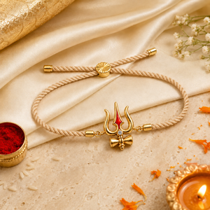 18K Gold Plated Rakhi Stone-Studded Trishul Motif Religious Traditional Rakhi - House of Viya