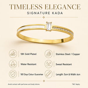 Kadas Gold-Tone Baguette Solitaire Stone-Studded Kada with Crystal Shoulder Accents - Polished Finish Slim Bracelet