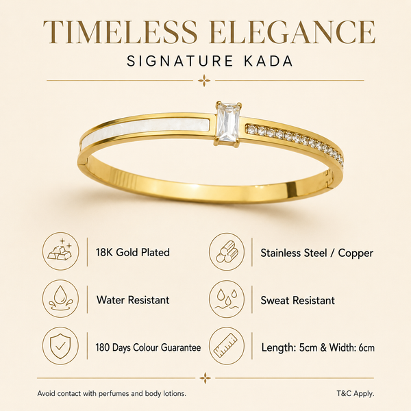 Kadas Gold-Tone Baguette Solitaire Stone-Studded Kada with Crystal Shoulder Accents - Polished Finish Slim Bracelet - House of Viya