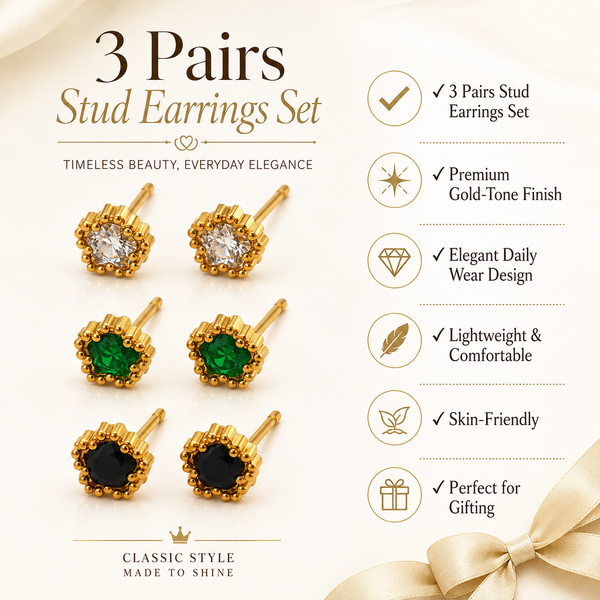 Earrings Crystal, Emerald & Black Onyx Crown Prong Stud Earrings Set of 3 Pairs