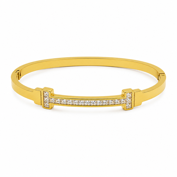 Gold Oval Bezel Diamond Accent Kada for Women | Ellipse Stone Stainless Steel Ladies Bangle | Sleek Festive Jewellery - House of Viya