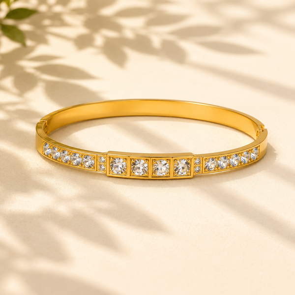 Gold Full Row Large Round Solitaire Diamond Oval Kada for Women | Channel Set Bold Stone Stainless Steel Ladies Bangle | Statement Festive Jewellery
