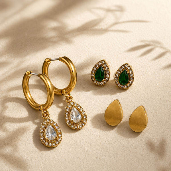 Earrings Teardrop Halo Drop Hoop, Emerald Pear Halo & Gold Teardrop Stud Earrings Set of 3 Pairs