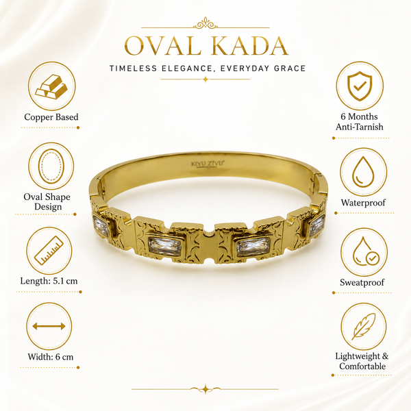 Gold Engraved Block Baguette Diamond Oval Kada for Women | Square Panel Large Stone Stainless Steel Ladies Bangle | Premium Festive Jewellery - House of Viya
