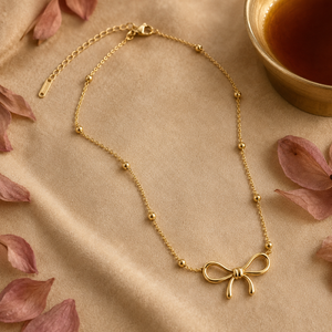 Chain 18K Gold-Plated Beaded Link Chain with Bow Pendant - House of Viya