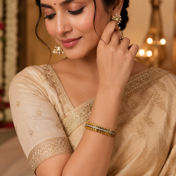 Gold Oval Bezel Diamond Station Oval Kada for Women | Ellipse Stone Stainless Steel Ladies Bangle | Sleek Festive Jewellery - House of Viya