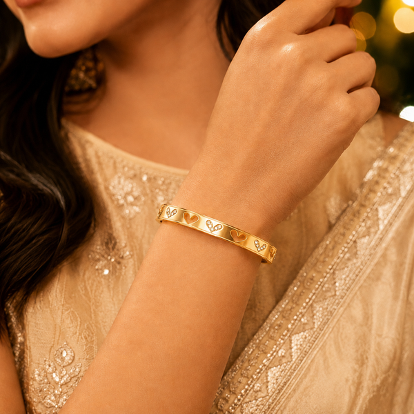 Gold Plain Oval Cuff Star Diamond Motif Kada for Women | Cross Pattern Stone Stainless Steel Ladies Bangle | Minimal Festive Jewellery - House of Viya