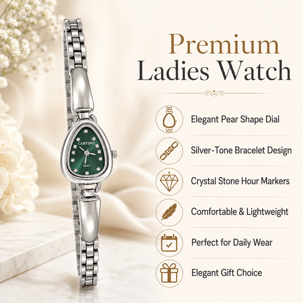 Watches Silver-Tone Pear Shape Dial Green Stone Bracelet Watch for Women - House of Viya