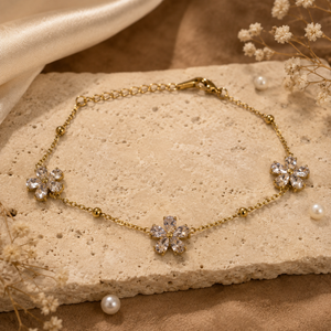 Gold Plated White Stone Floral Butterfly Motif Station Chain Bracelet with Lobster Clasp