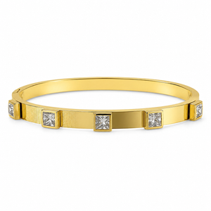 Gold Evenly Spaced Square Solitaire Diamond Oval Kada for Women | Channel Set Single Stone Stainless Steel Ladies Bangle | Premium Festive Jewellery