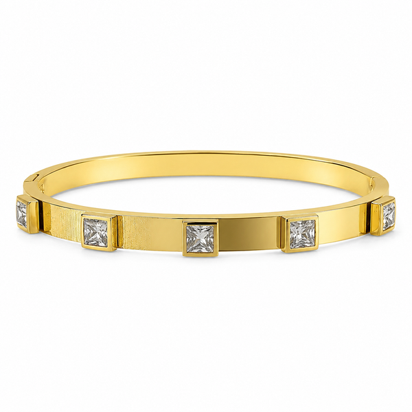 Gold Evenly Spaced Square Solitaire Diamond Oval Kada for Women | Channel Set Single Stone Stainless Steel Ladies Bangle | Premium Festive Jewellery - House of Viya