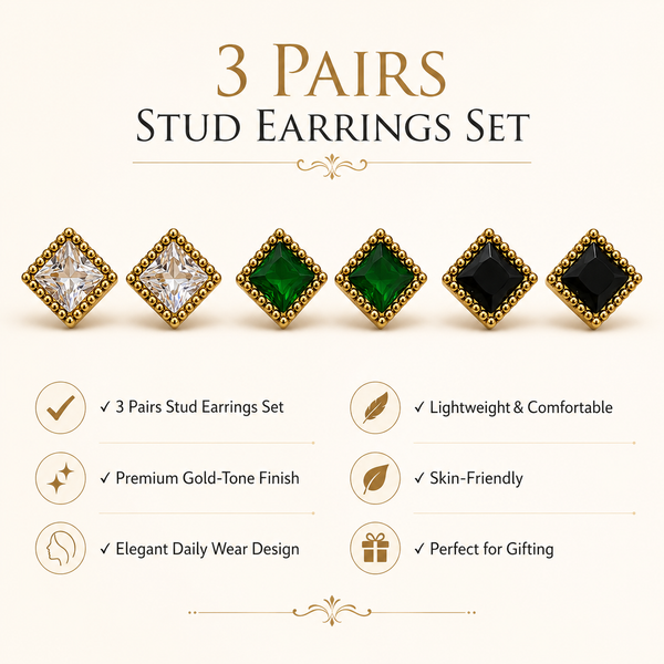 Earrings Crystal, Emerald & Black Onyx Square Halo Stud Earrings Set of 3 Pairs