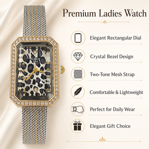 Watches Two-Tone Rectangular Leopard Print Dial Crystal Studded Bezel Bracelet Watch for Women
