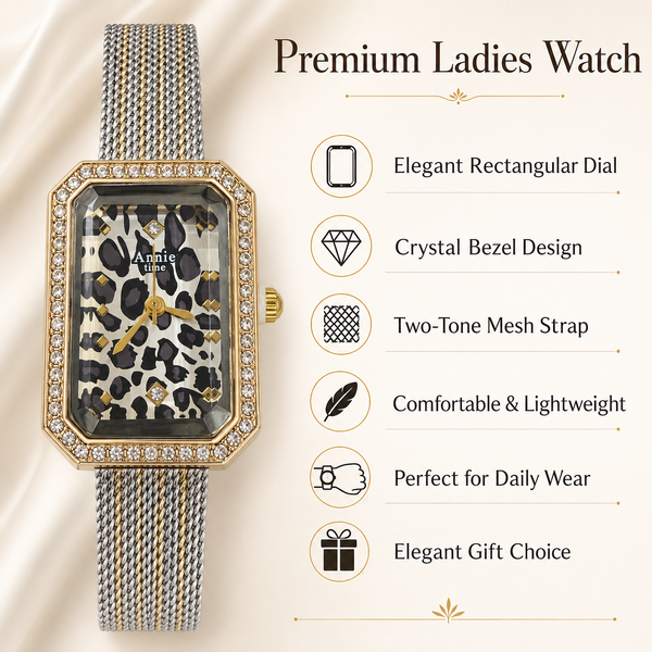 Watches Two-Tone Rectangular Leopard Print Dial Crystal Studded Bezel Bracelet Watch for Women