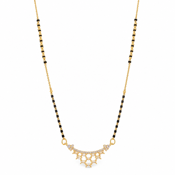 KZ Gold Plated Baguette Arc CZ Mangalsutra for Women Black Bead Chain Cascading Fan Pendant FS - House of Viya