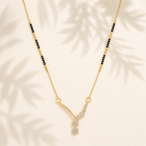 KZ Gold Plated Shooting Star 3 CZ Mangalsutra for Women Black Bead Chain Diagonal Star Pendant FS - House of Viya